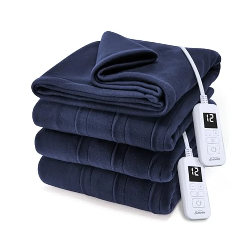 Sunbeam Royal Ultra Fleece heated blanket in indigo blue, queen size