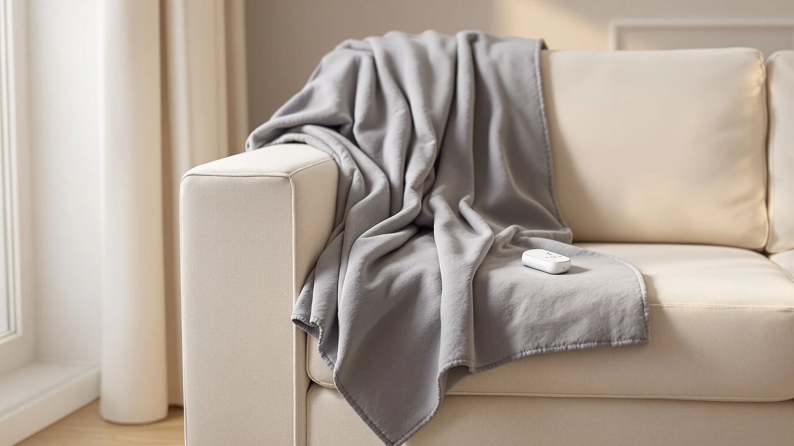 Grey electric heated throw blanket folded over the arm of a sofa with its controller resting on the cushion